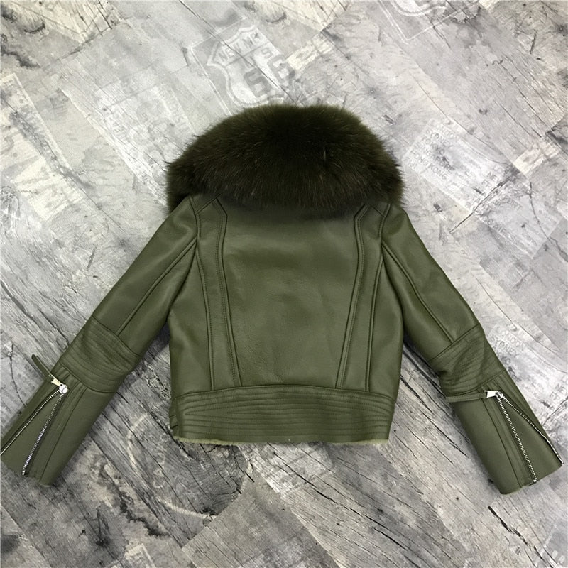 Genuine Leather Real Sheep Fur Lining Fox Fur Collar Coats