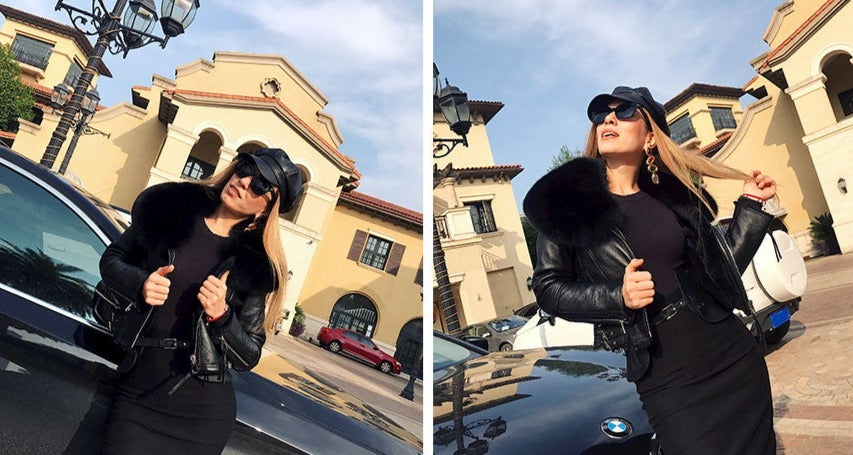 Genuine Leather Jackets Real Fur Collar MOTO Jackets