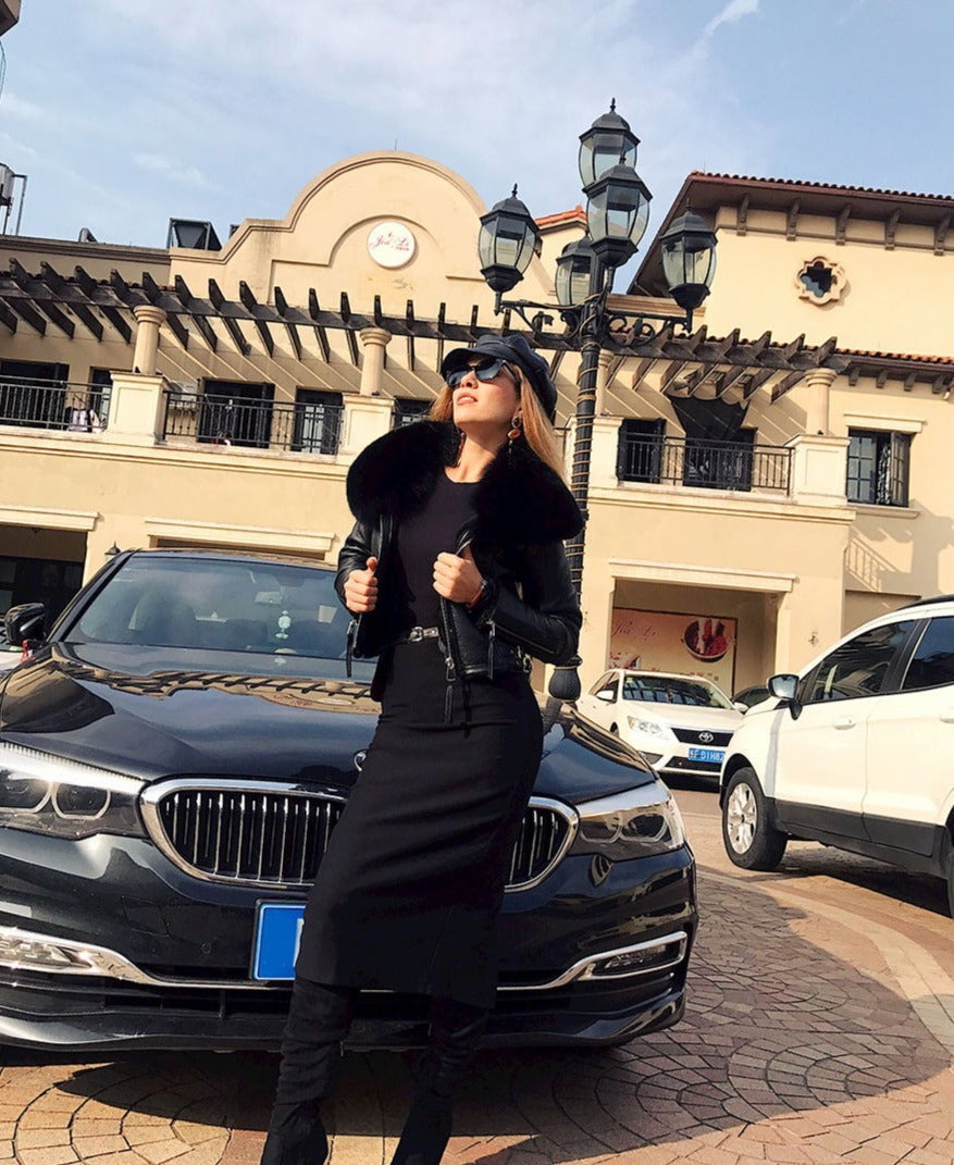 Genuine Leather Jackets Real Fur Collar MOTO Jackets