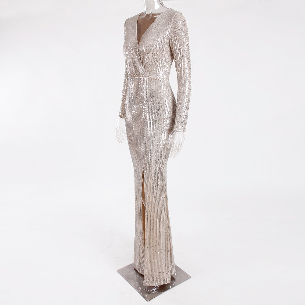 Sequin Stretchy Long Sleeve Maxi Dresses