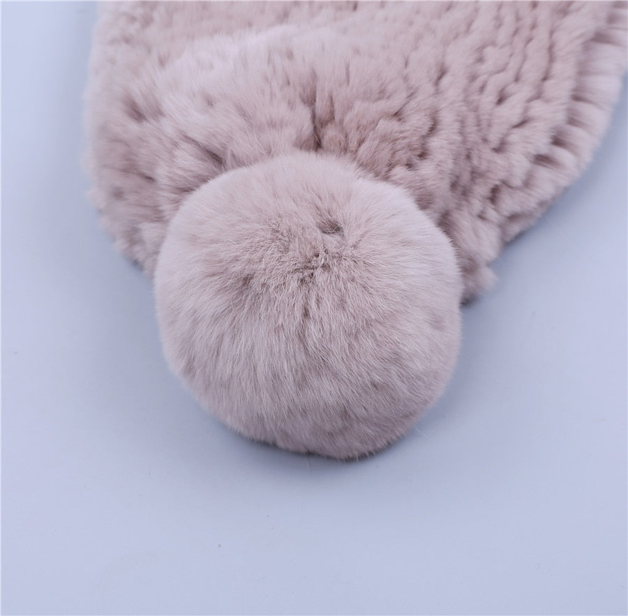 Real Rabbit Fur Knitted Beanies with Real Fur Pom Pom