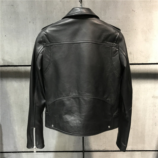 Genuine Leather Studded Collar Moto Jacket