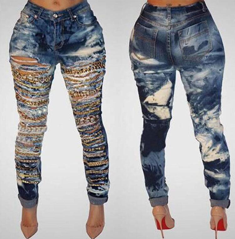 Ripped Bleached Multi Chain Jeans