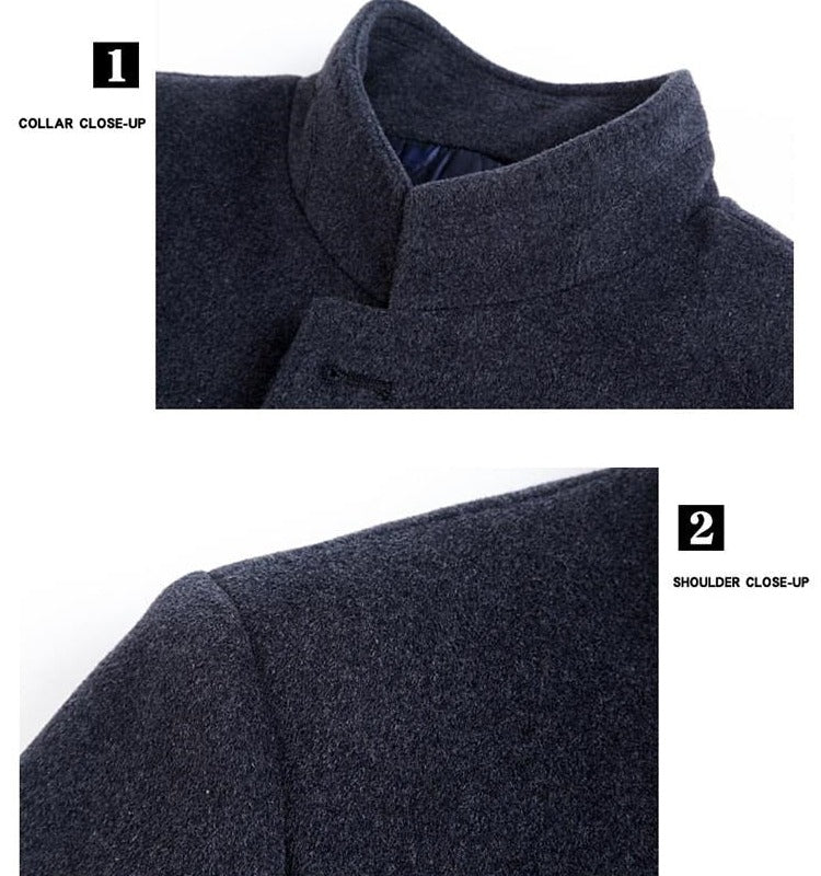 MANDARIN Collar Wool Long Trench Coat