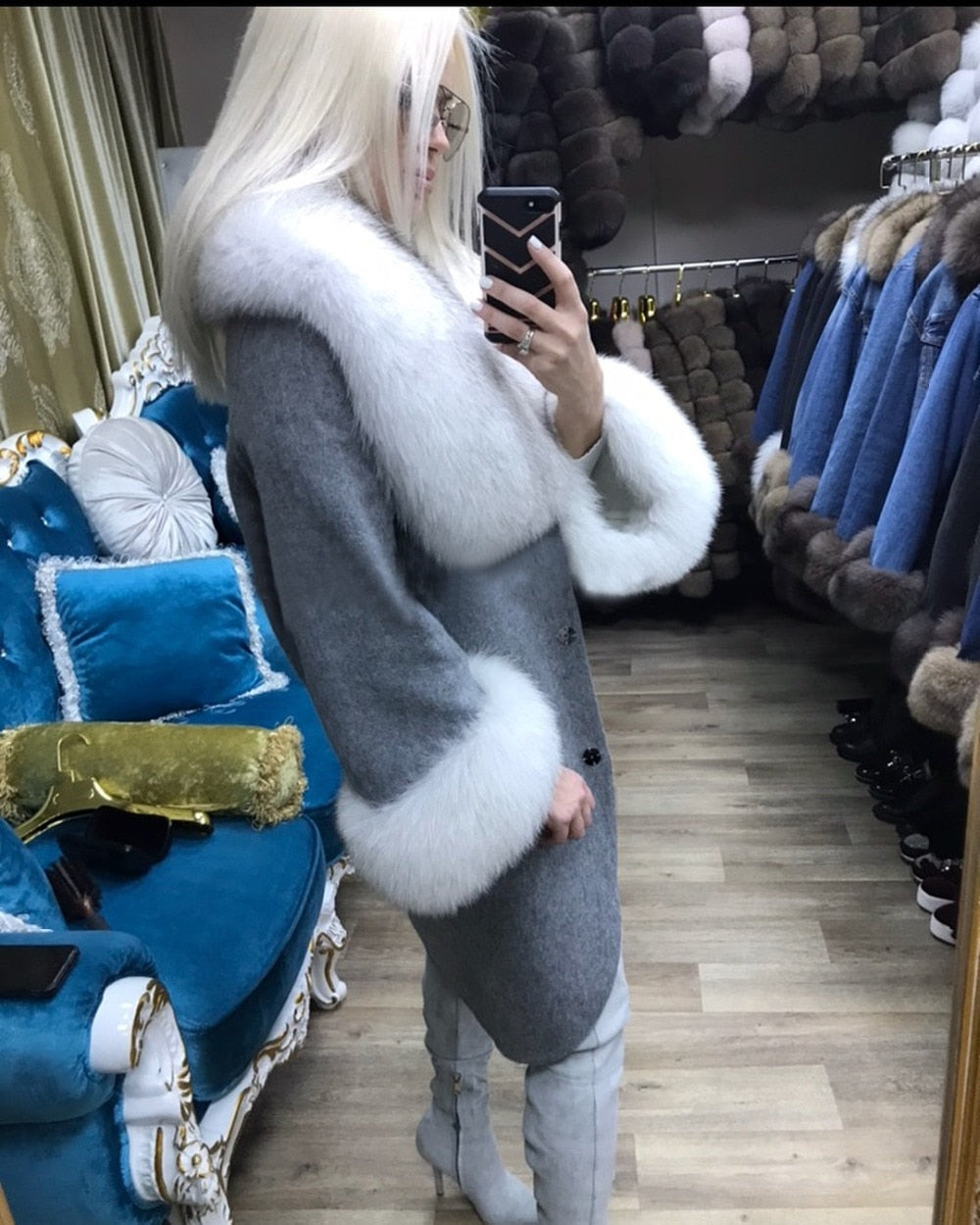 Natural Woolen With Thick Fox Fur Collar/Cuffs Coats