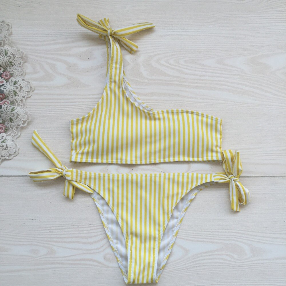 One Shoulder Striped Bikini Sets