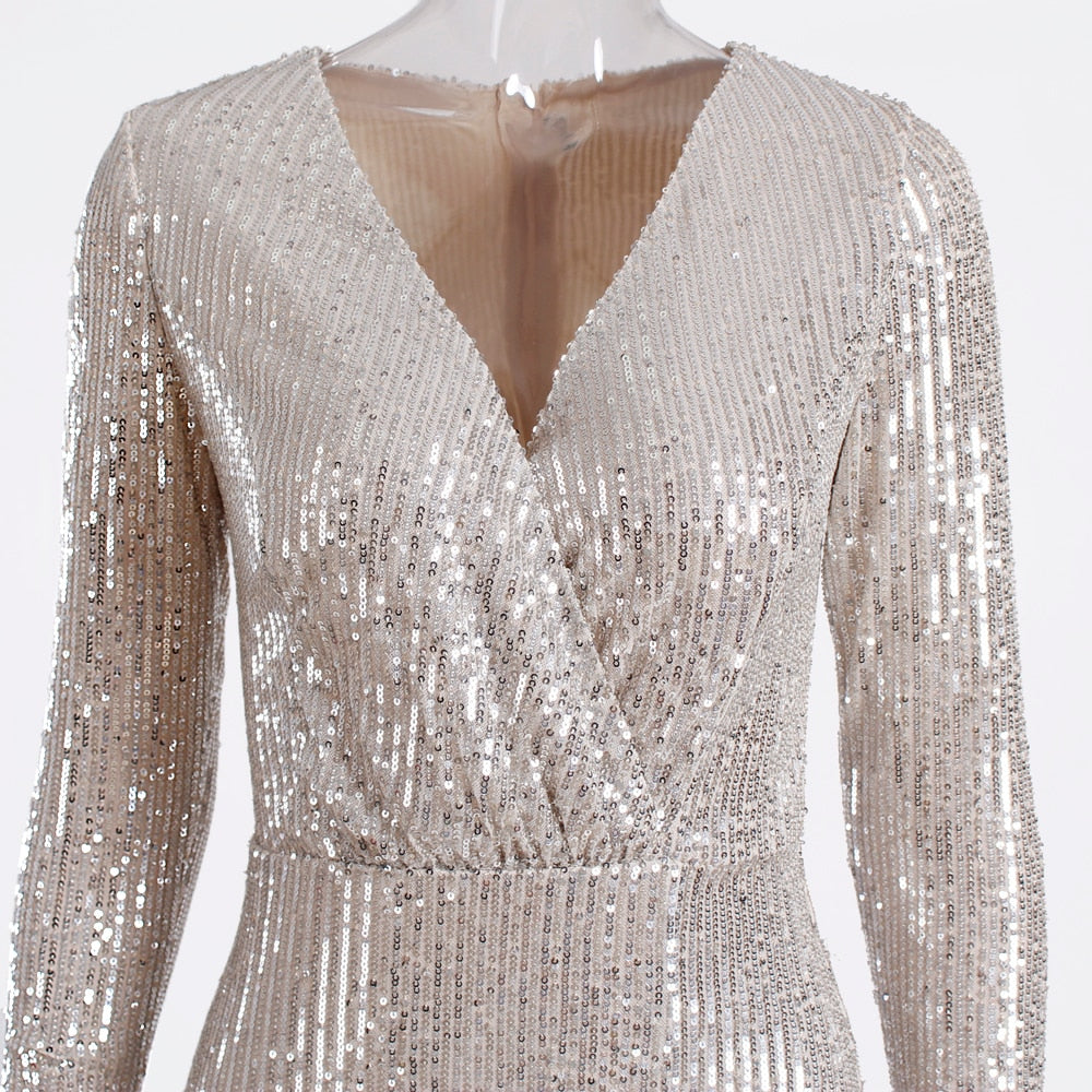 Sequin Stretchy Long Sleeve Maxi Dresses
