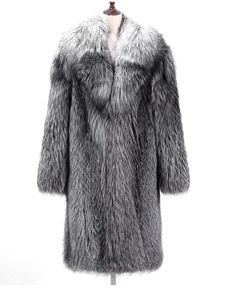 Real Natural Silver Fox Fur With Thick Fur Collar Long Overcoat