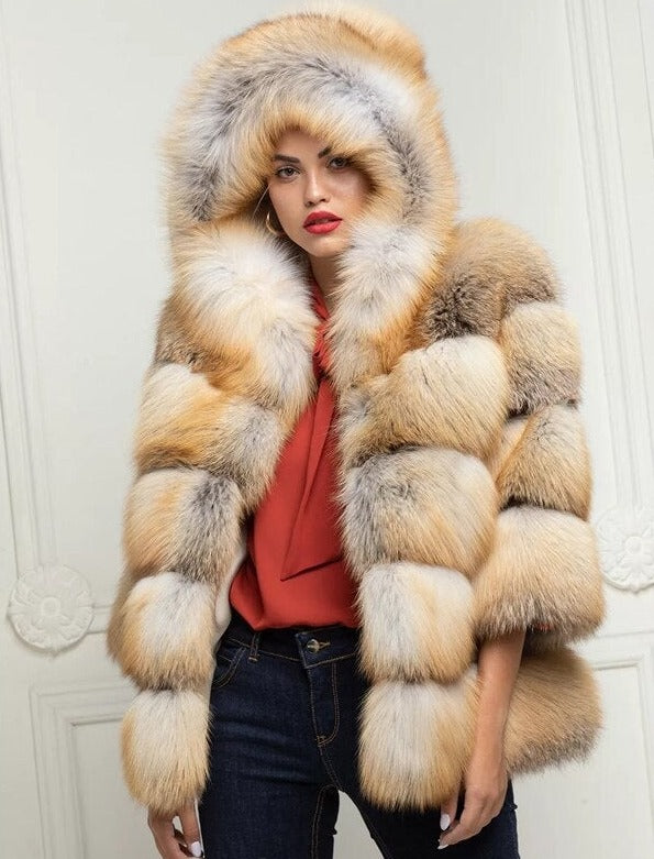 Real Red Fox Fur Full Pelt Hooded Medium Coats