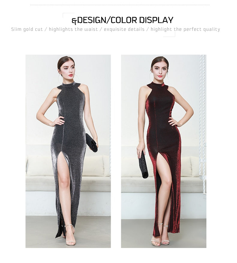 Metal Weave Fabric Ruched Ruffles Maxi Dress (Wrinkle Free)