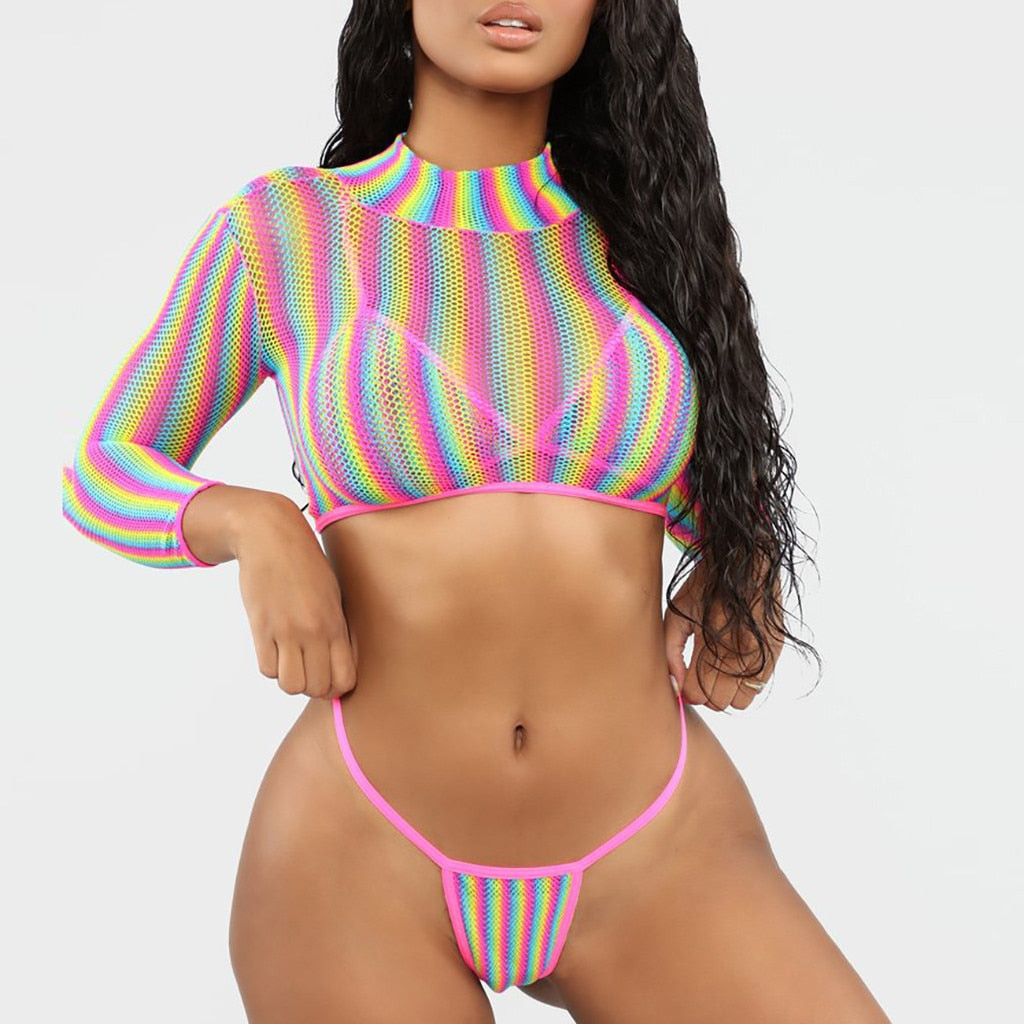 Transparent Netting Adjustable Spaghetti Strap Micro Bikini 3pcs Sets