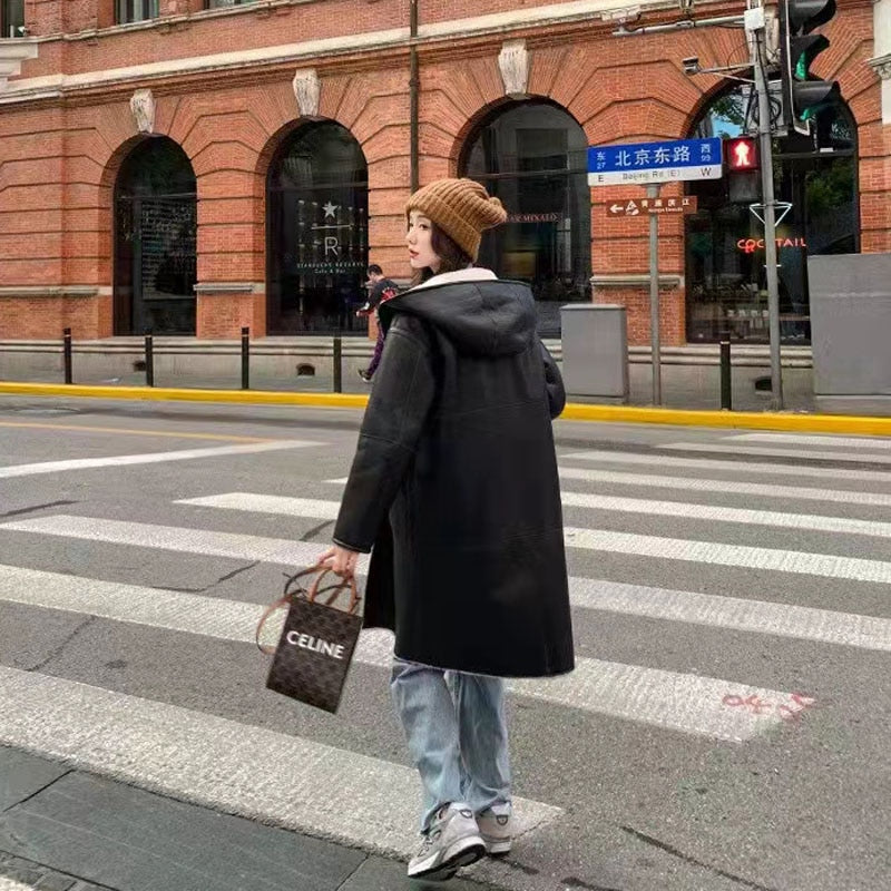 Reviersal Sheep Fur Hooded Genuine Leather Slim Long Coat