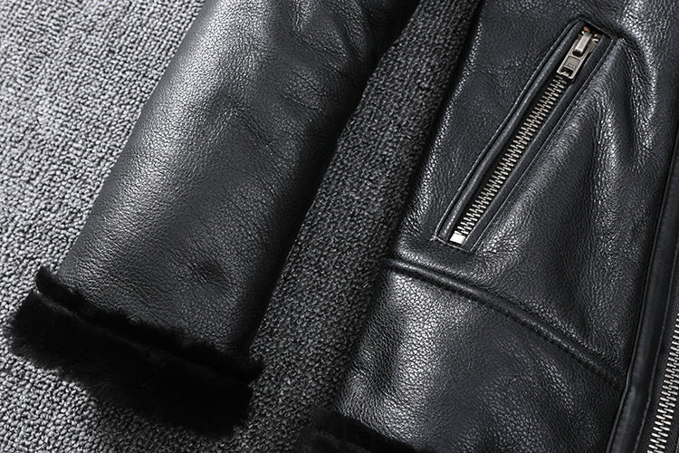 Genuine Leather Moto Jacket Real Wool Lining