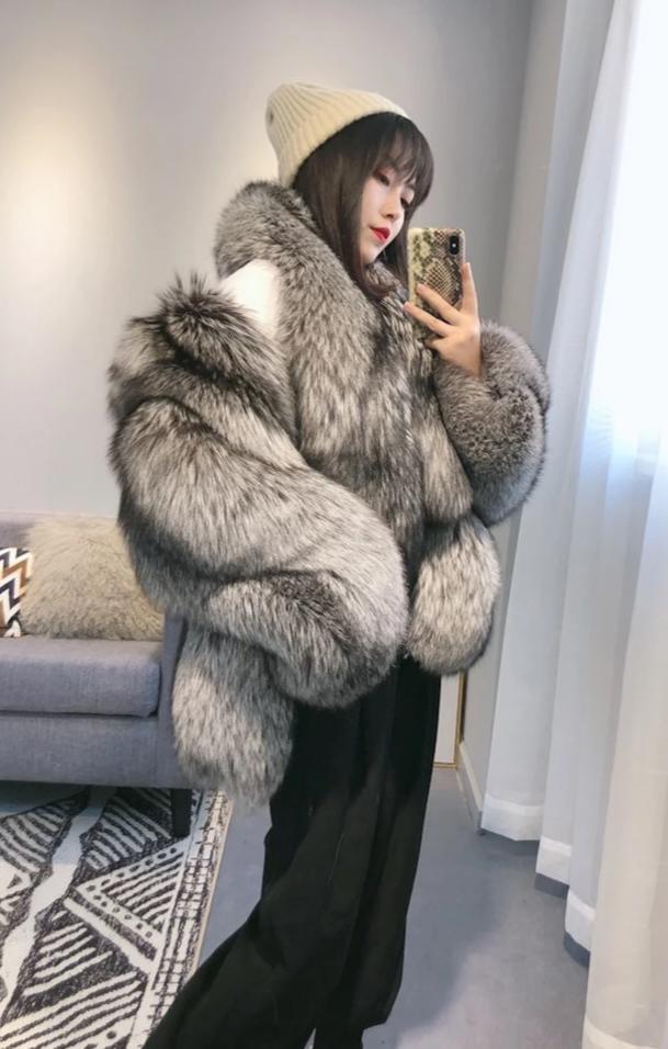 Grey Fox Fur With Thick Fox Fur Collar Oversized Coat