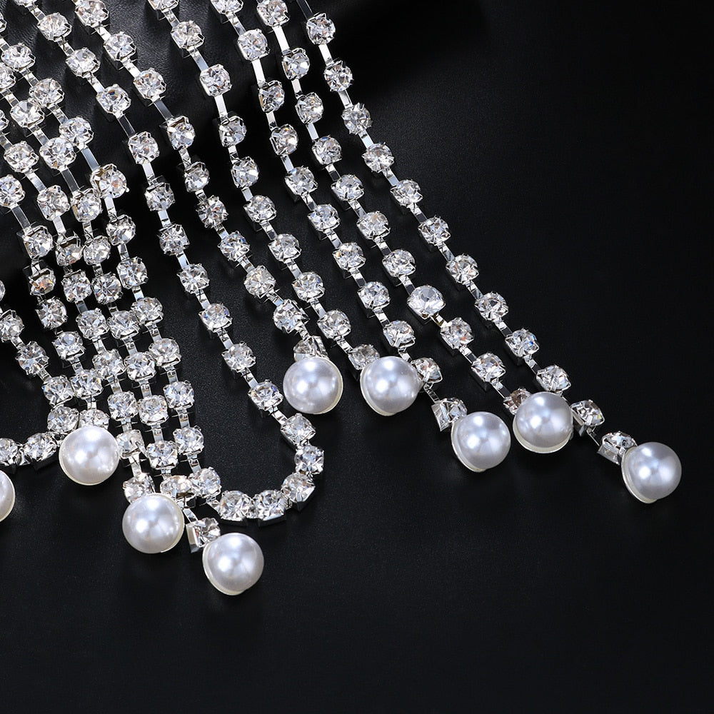 Rhinestone Long Tassel Chain Pearl Headdresses