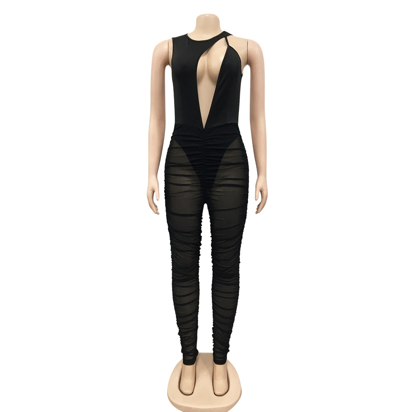 Sheer Mesh Sleeveless Deep Hollow V Jumpsuits