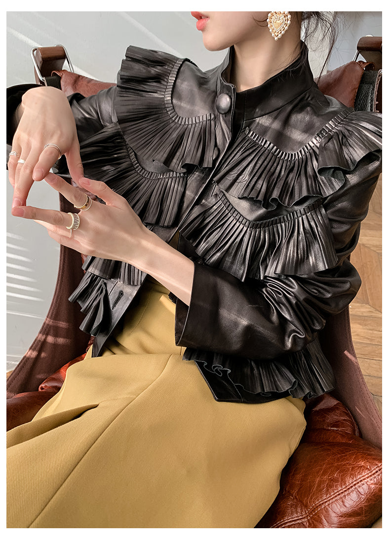 Genuine Leather Ruffle Jacket