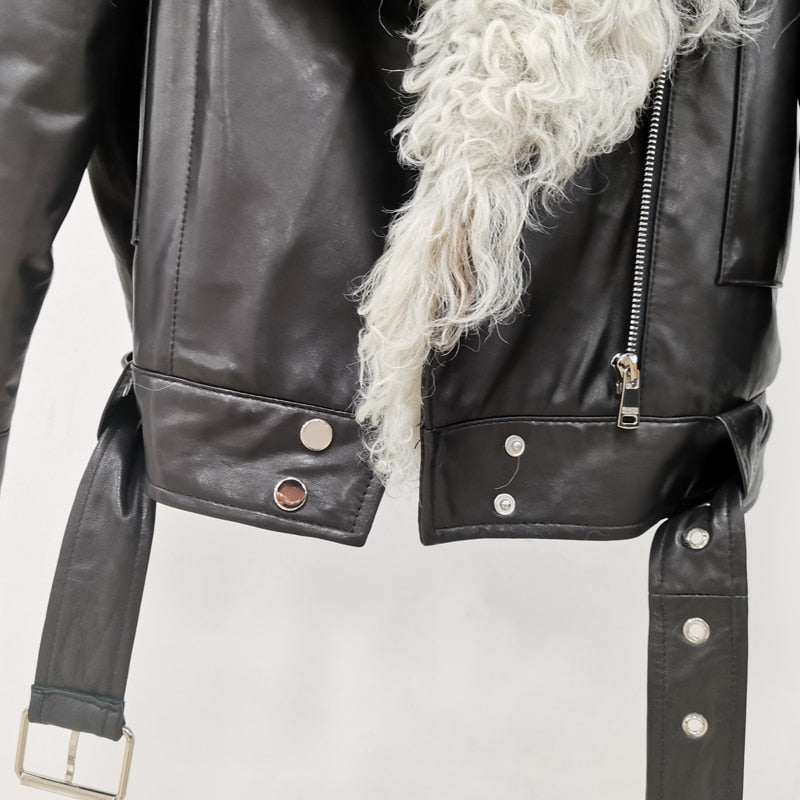 Genuine Leather Moto Jacket Curly Shearling Collar Duck Down Lining