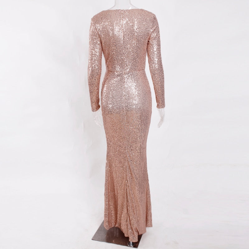 Sequin Stretchy Long Sleeve Maxi Dresses