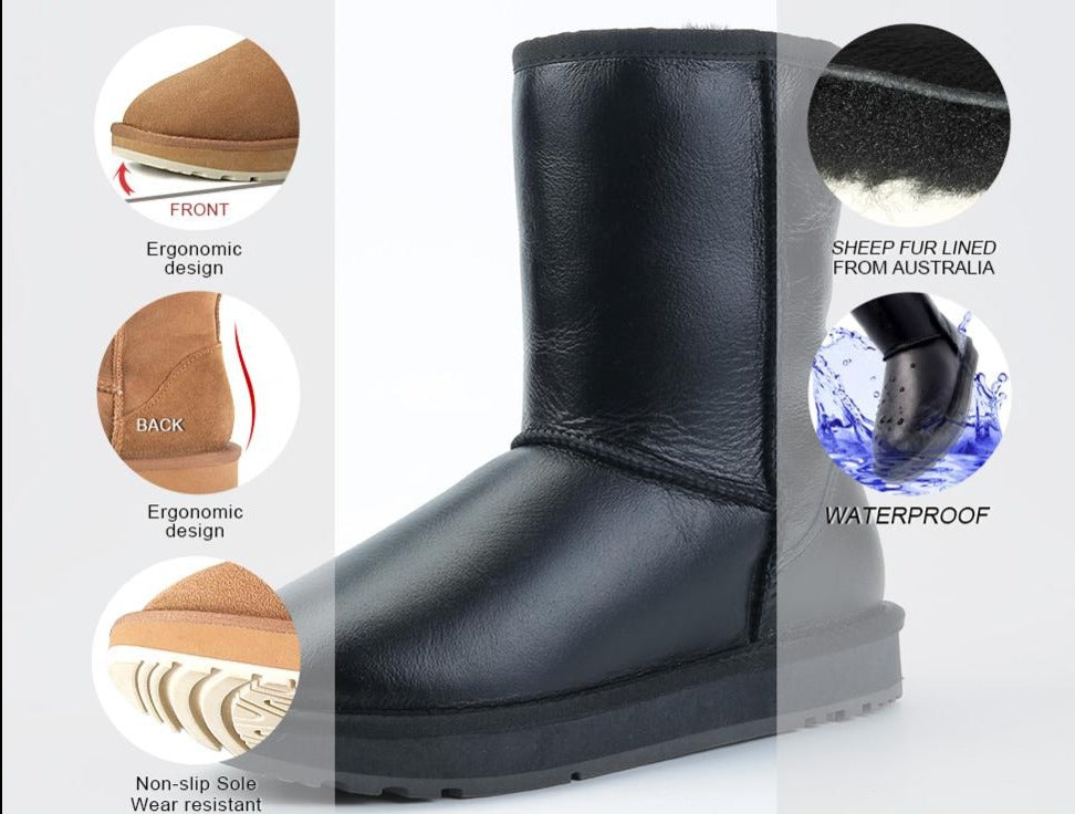 Real Leather Wool Fur Lined Snow Boots Waterproof