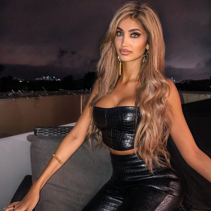 Pu Leather Strapless Crop Tube Pants Set