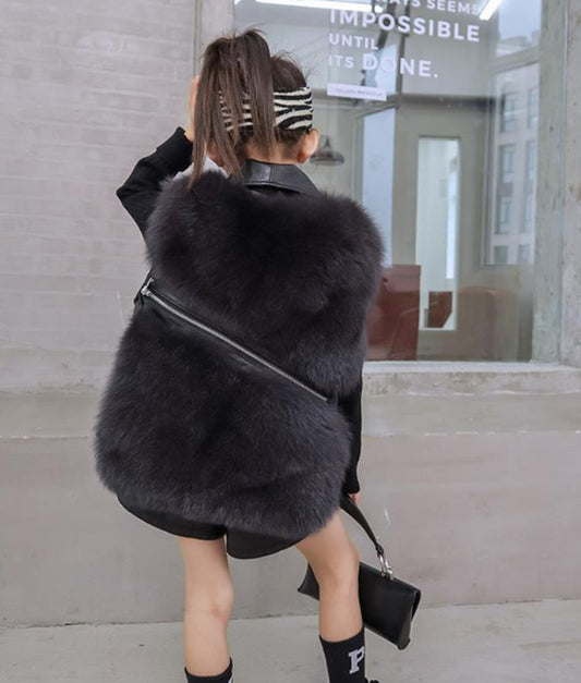 Real Natural Fox Fur Moto Vest For Girls