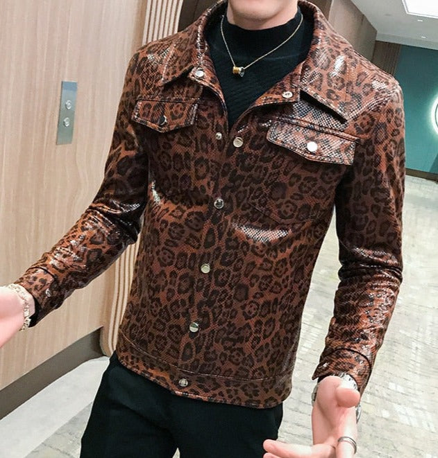 Leopard Print Slim Pu Leather Jackets