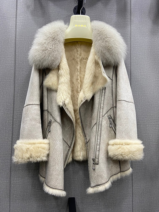 Genuine Leather Jacket Rabbit Fur Liner Fox Fur Collar