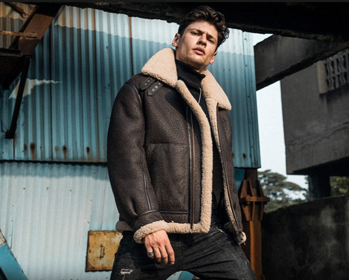 Genuine Leather Coat Shearling Lining Tall Collar