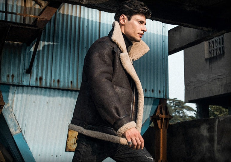Genuine Leather Coat Shearling Lining Tall Collar