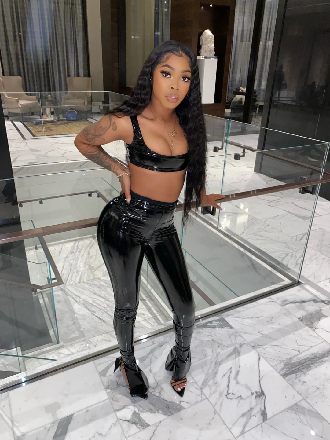 Black Pu Leather Tank Crop Top and Pants Set