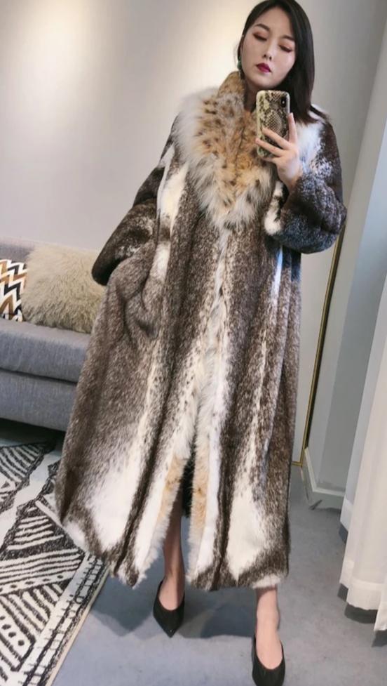 Mink Fur With Bobcat Fur Big Collar Maxi Coat