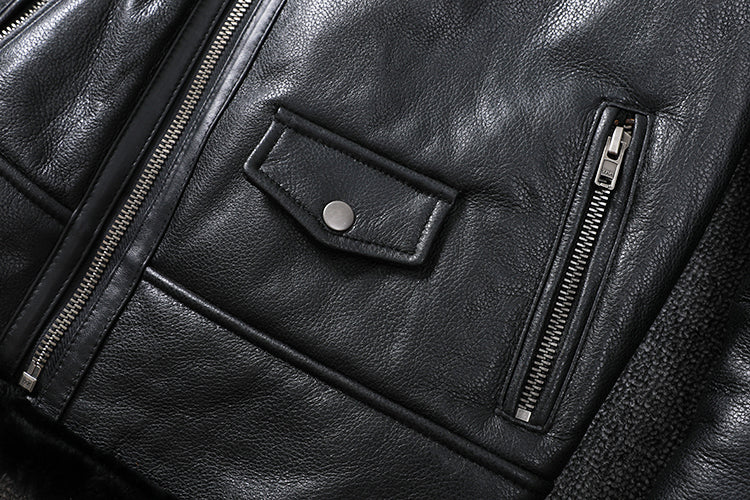 Genuine Leather Moto Jacket Real Wool Lining