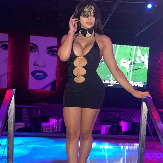 Cut Out Metal Ring Ties Halter Mini Dresses