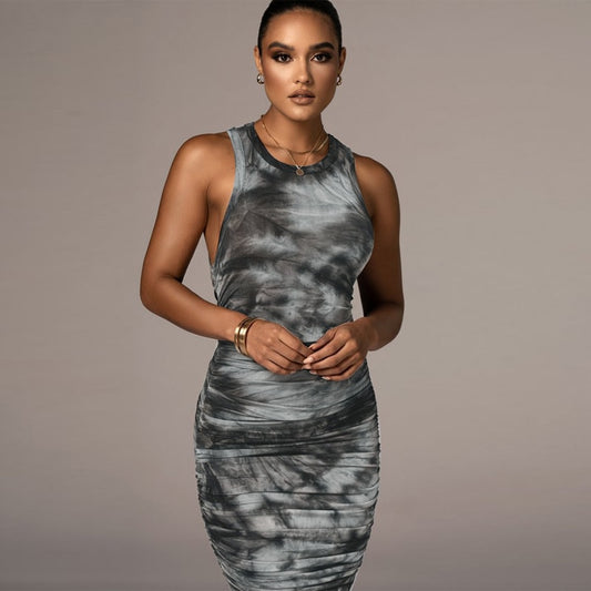 Tie Dye Sleeveless O-Neck Bodycon Dresses