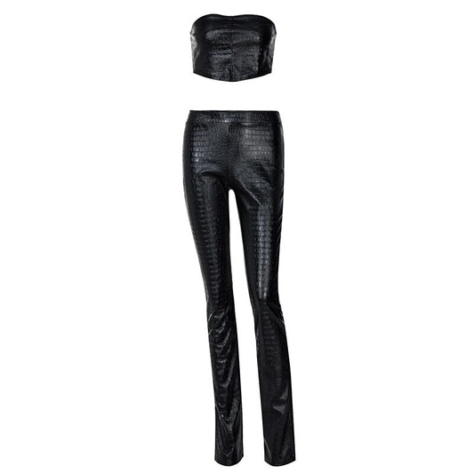 Pu Leather Strapless Crop Tube Pants Set