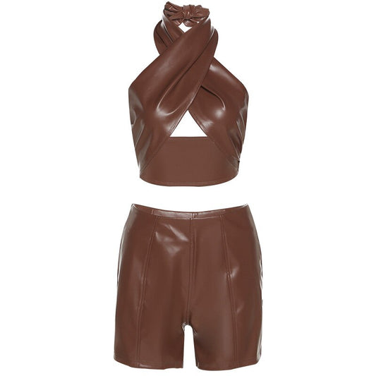 Pu Leather Halter Tank Tops & Short Pants Set