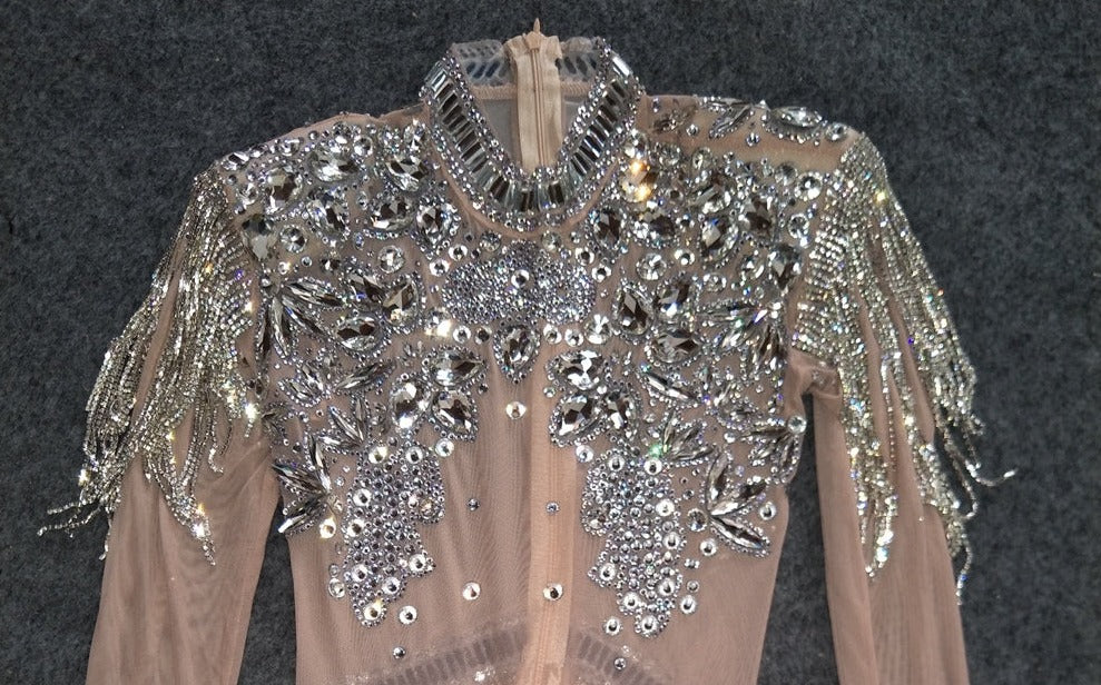 Rhinestones Mesh Crystal Chain Tassel Bodysuit