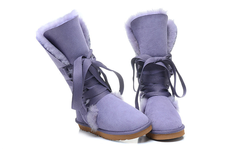 Genuine Leather Real Shearling Fur Long Lace High Boots
