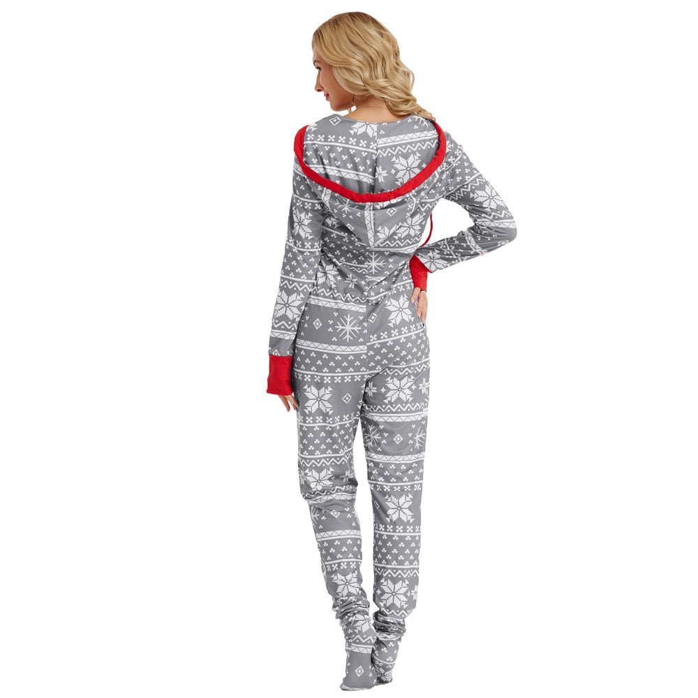 Snowflake Print Christmas Hooded Onesies Pajamas (Unisex)