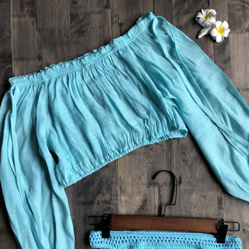 Off shoulder Flare Long Sleeve Crop Tops