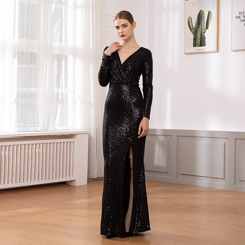 Sequin Stretchy Long Sleeve Maxi Dresses