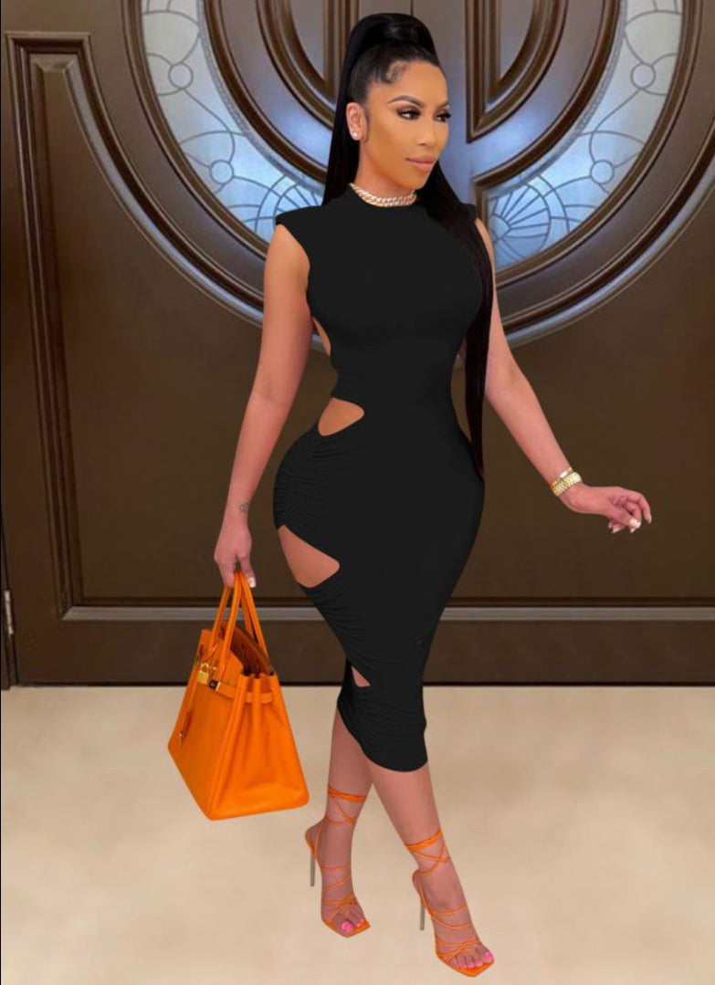 O-neck Sleeveless Hollow Out Sides Bodycon Midi Dresses