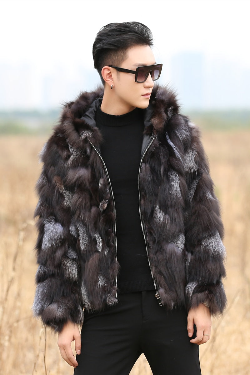 Genuine Fox Fur Patchwork Coat With Hood