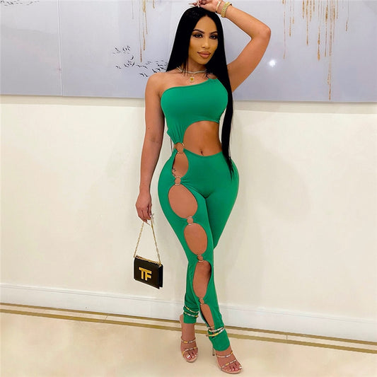 One Shoulder Sleeveless Hollow Jumpsuits