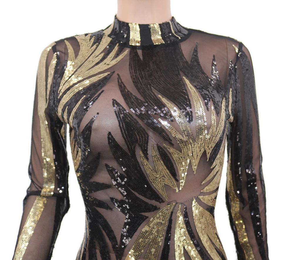 Mesh See Through Sequin Long Sleeve Bodycon Midi Dresses
