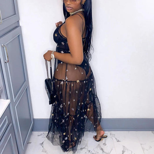 Mesh Star Spaghetti Strap Maxi Dresses