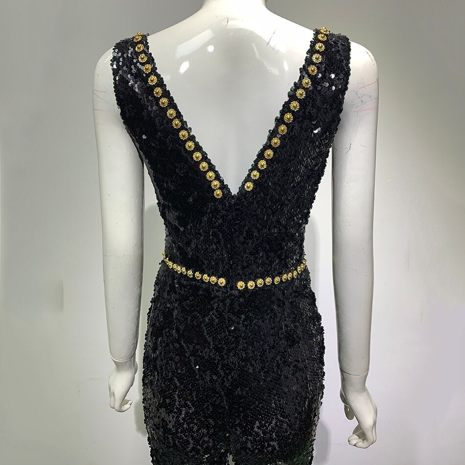 Deep V-Neck Rhinestone Sequin Wide-Leg Jumpsuit