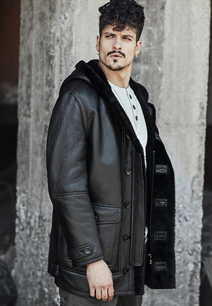 Genuine Leather Shearling Hooded Coats (Reversible)