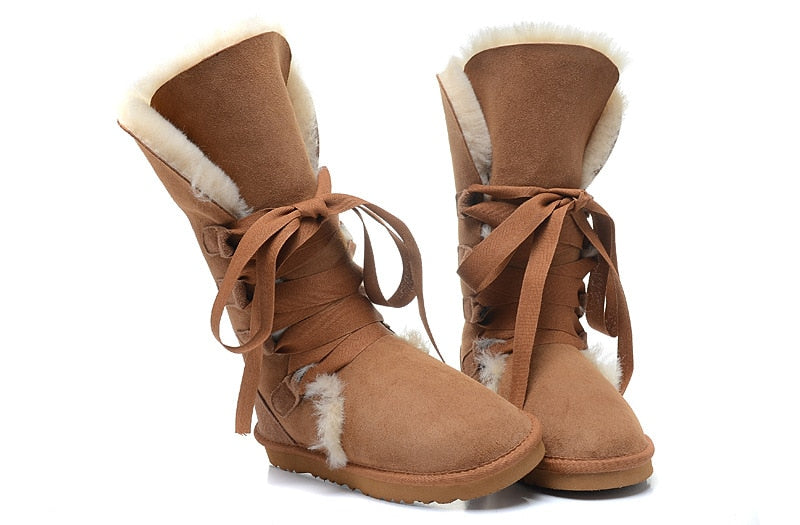 Genuine Leather Real Shearling Fur Long Lace High Boots